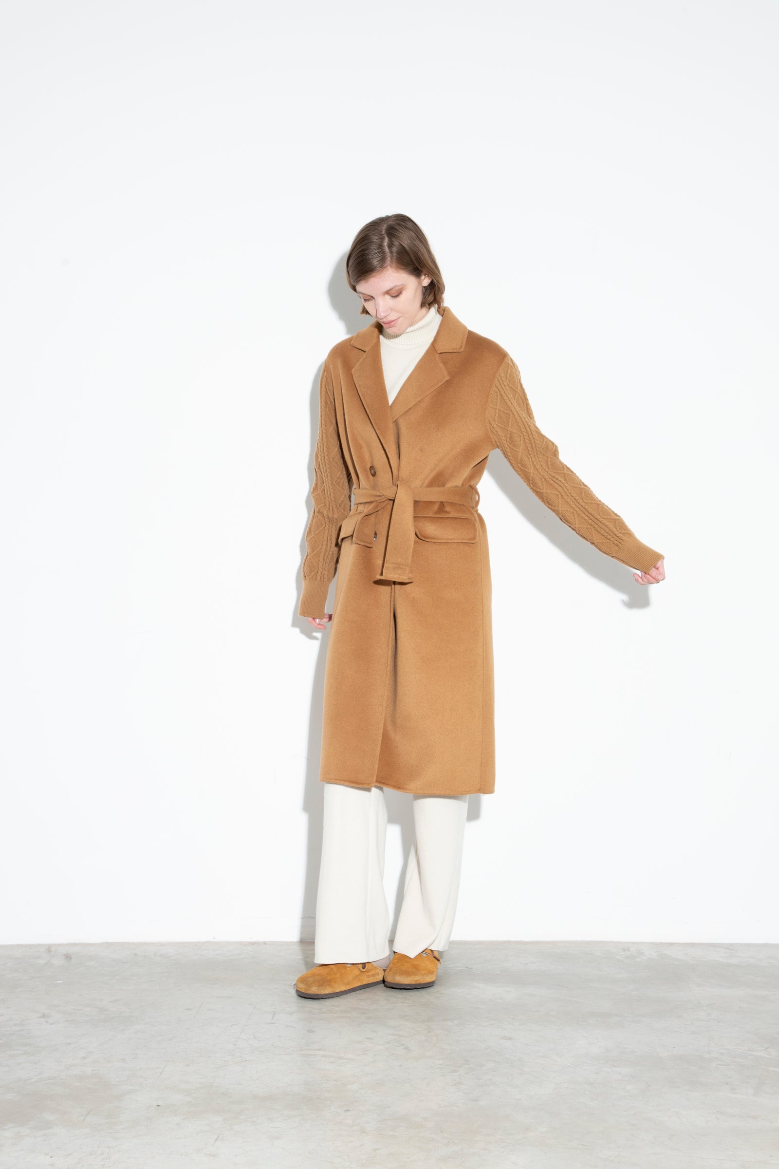 Wool Coat With Knitwear Details Camel