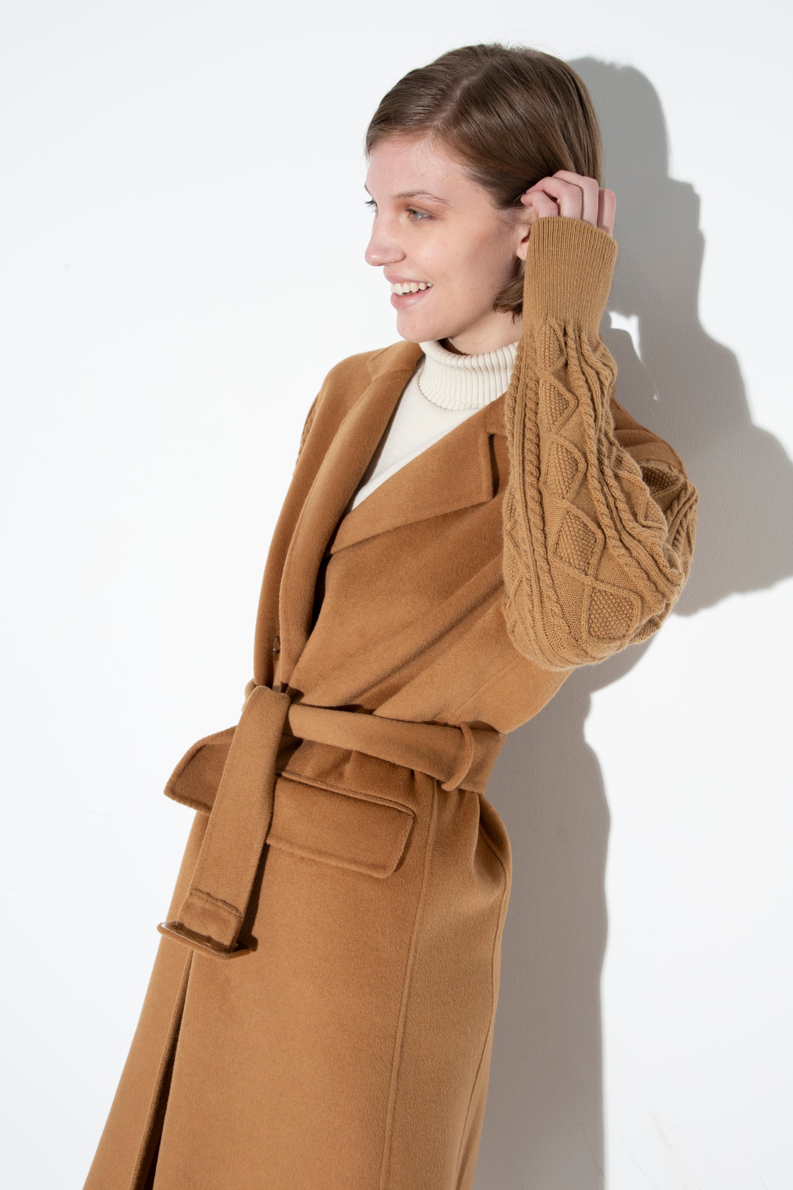 Wool Coat With Knitwear Details Camel