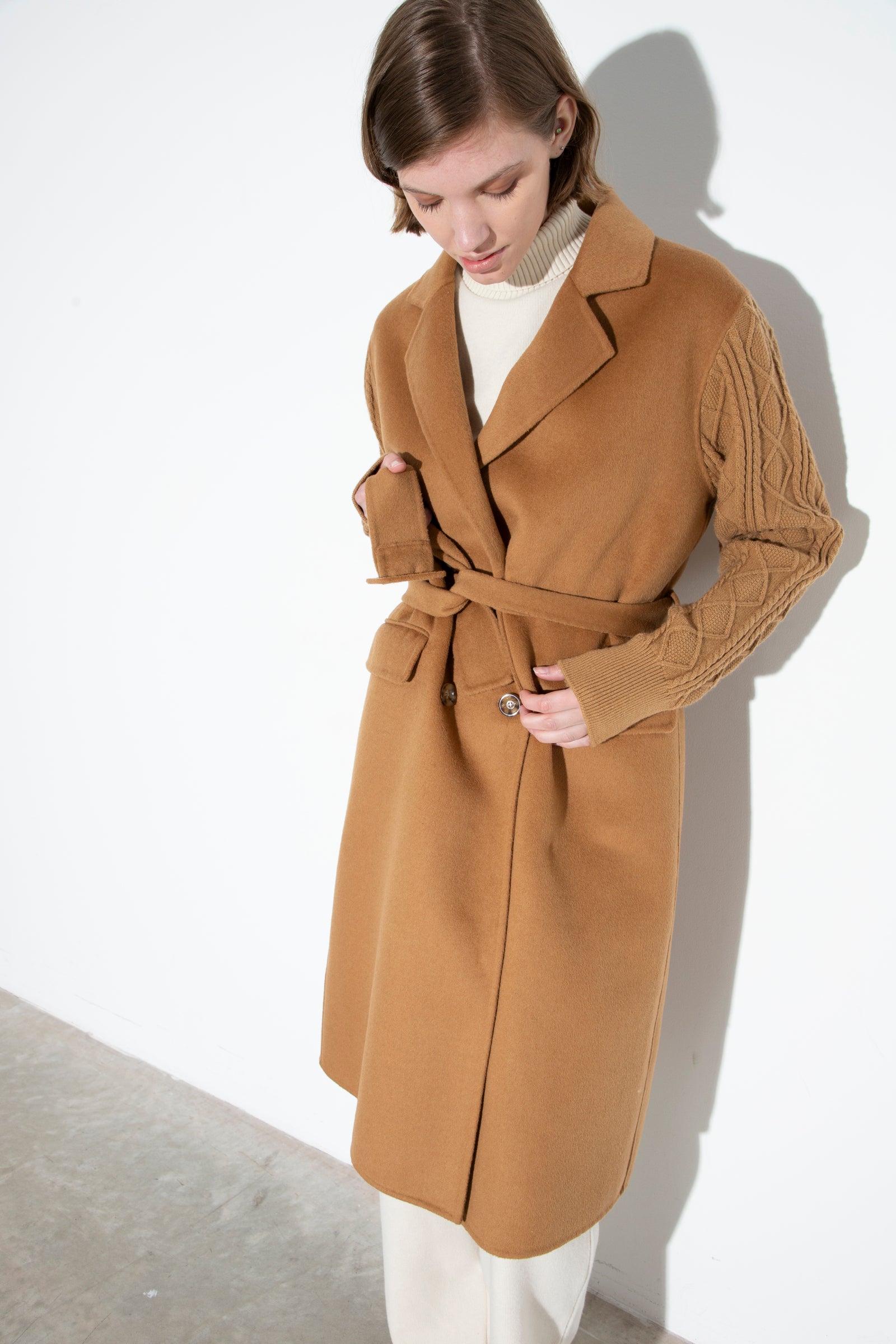 Wool Coat With Knitwear Details Camel