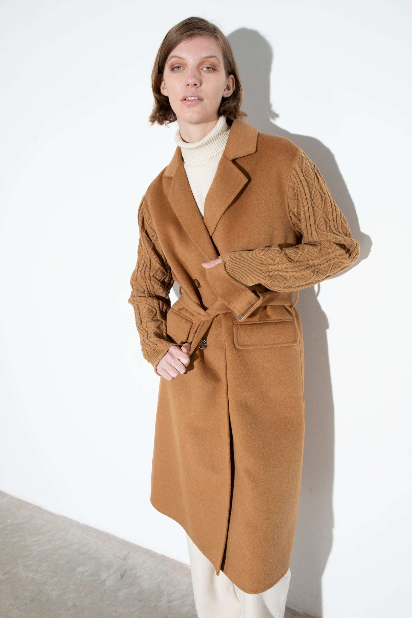 Wool Coat With Knitwear Details Camel