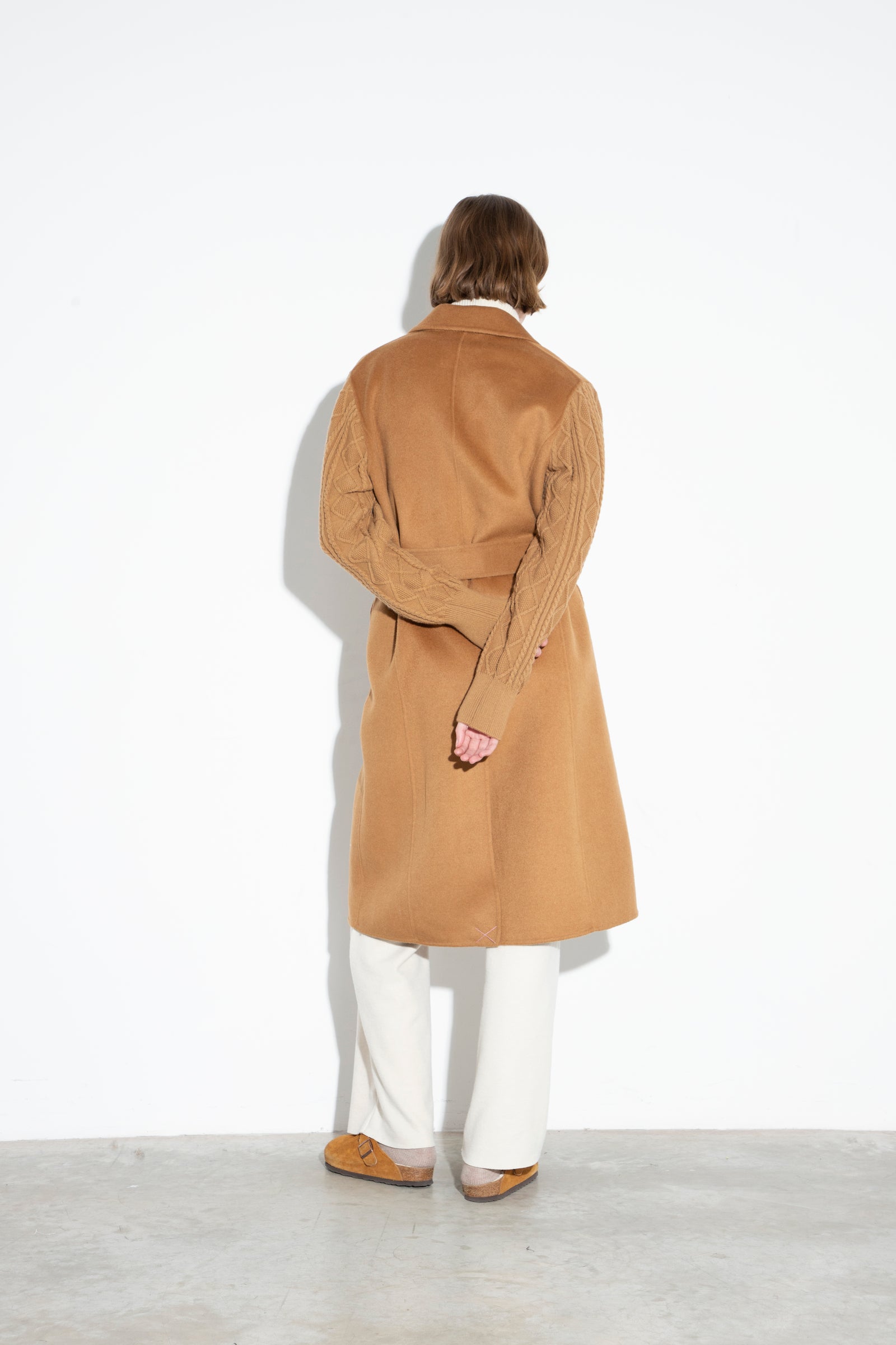 Wool Coat With Knitwear Details Camel