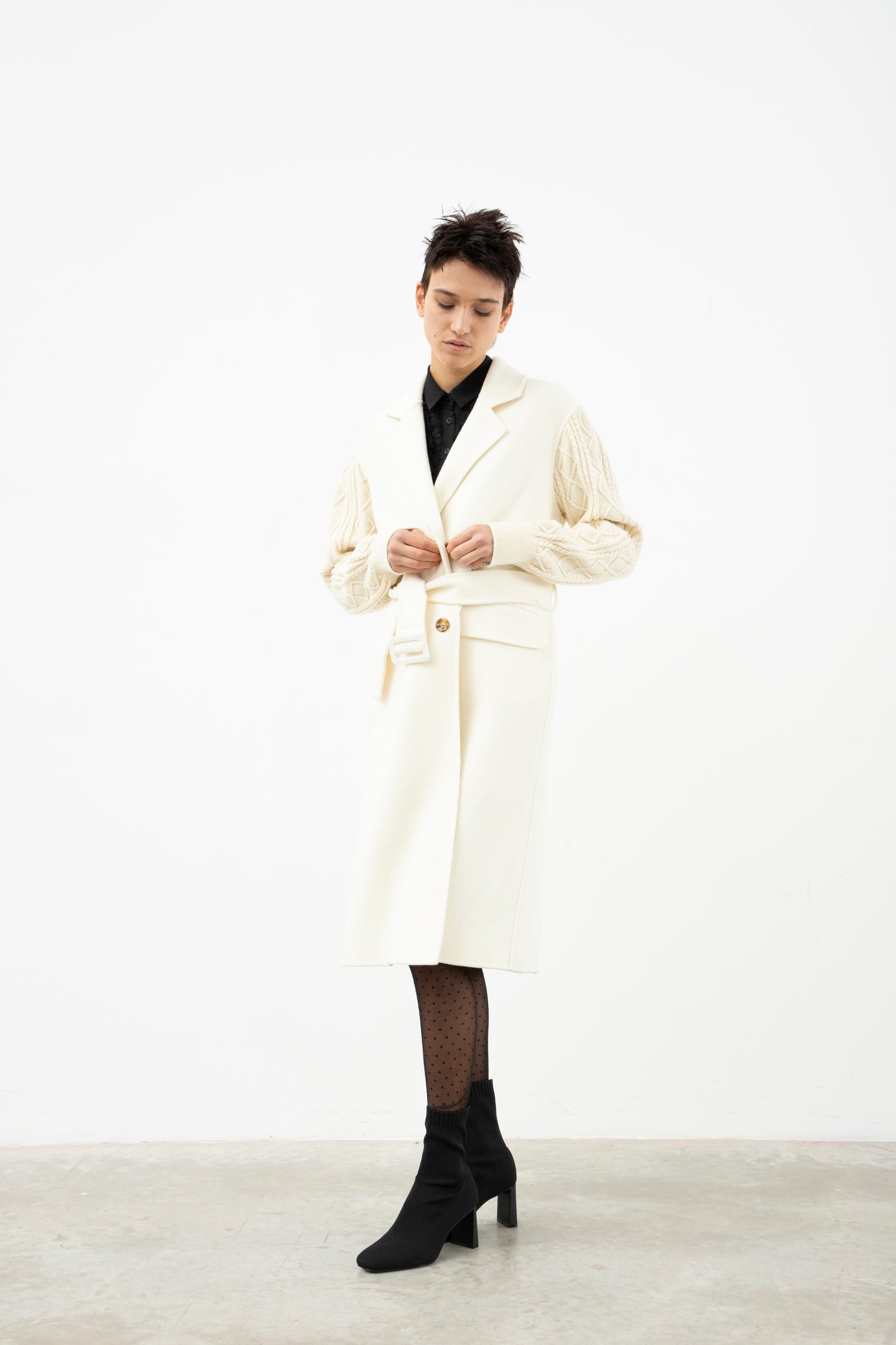 Wool Coat With Knitwear Details Ivory