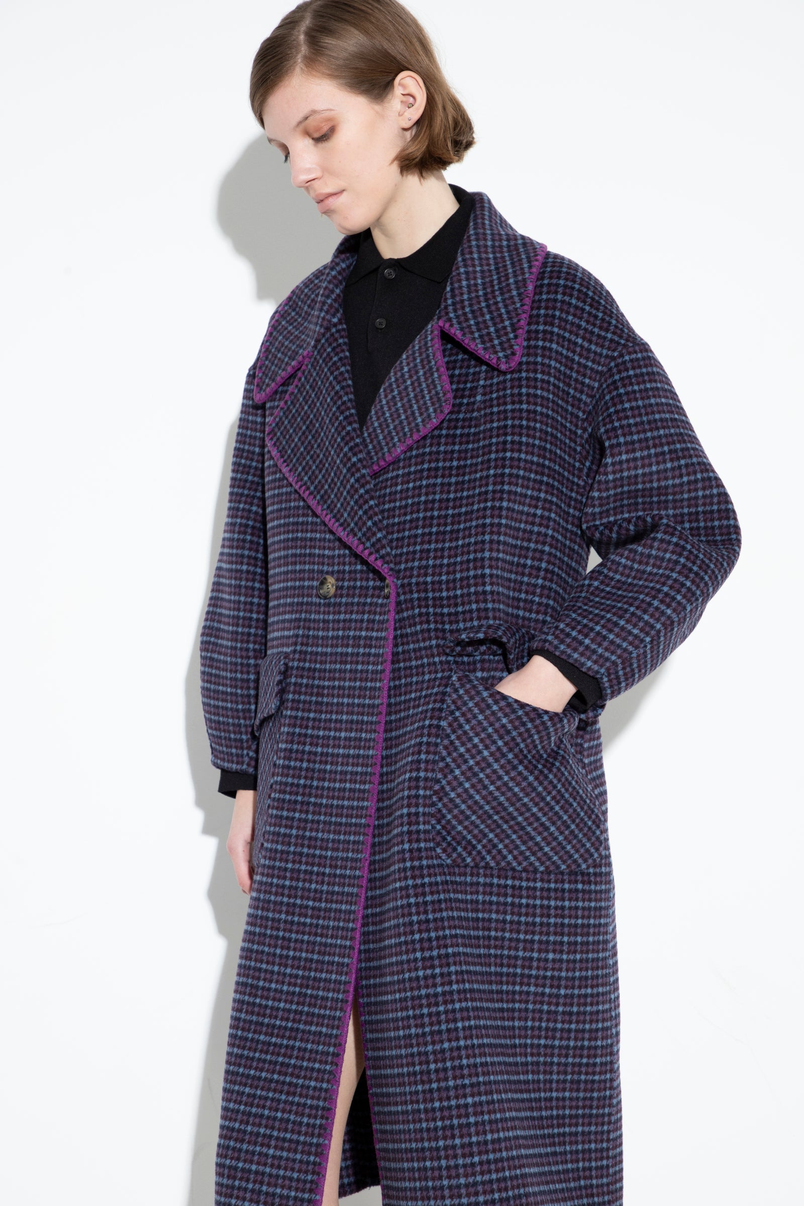 Wool Embroidery Coat Purple Tweed