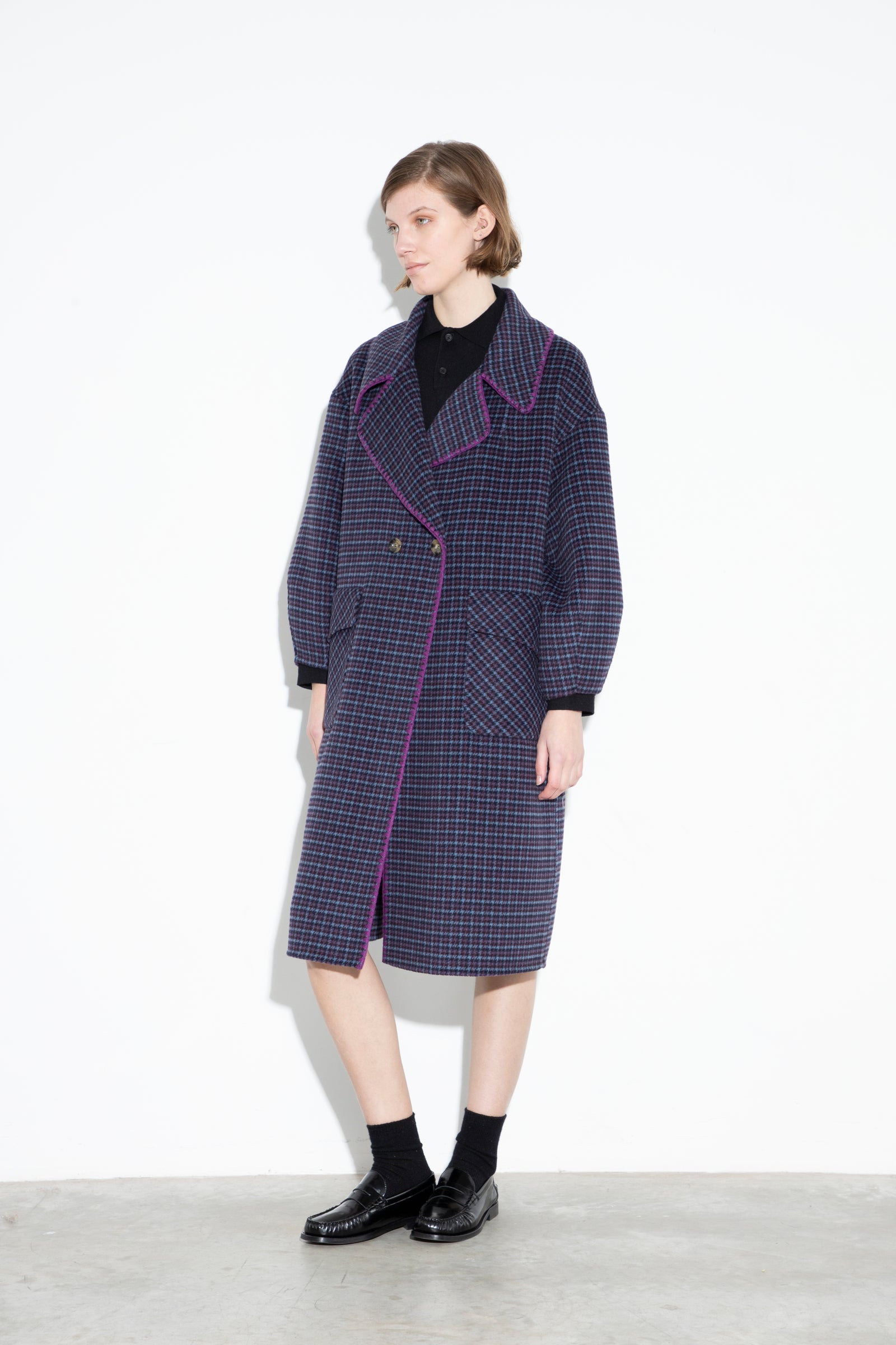 Wool Embroidery Coat Purple Tweed