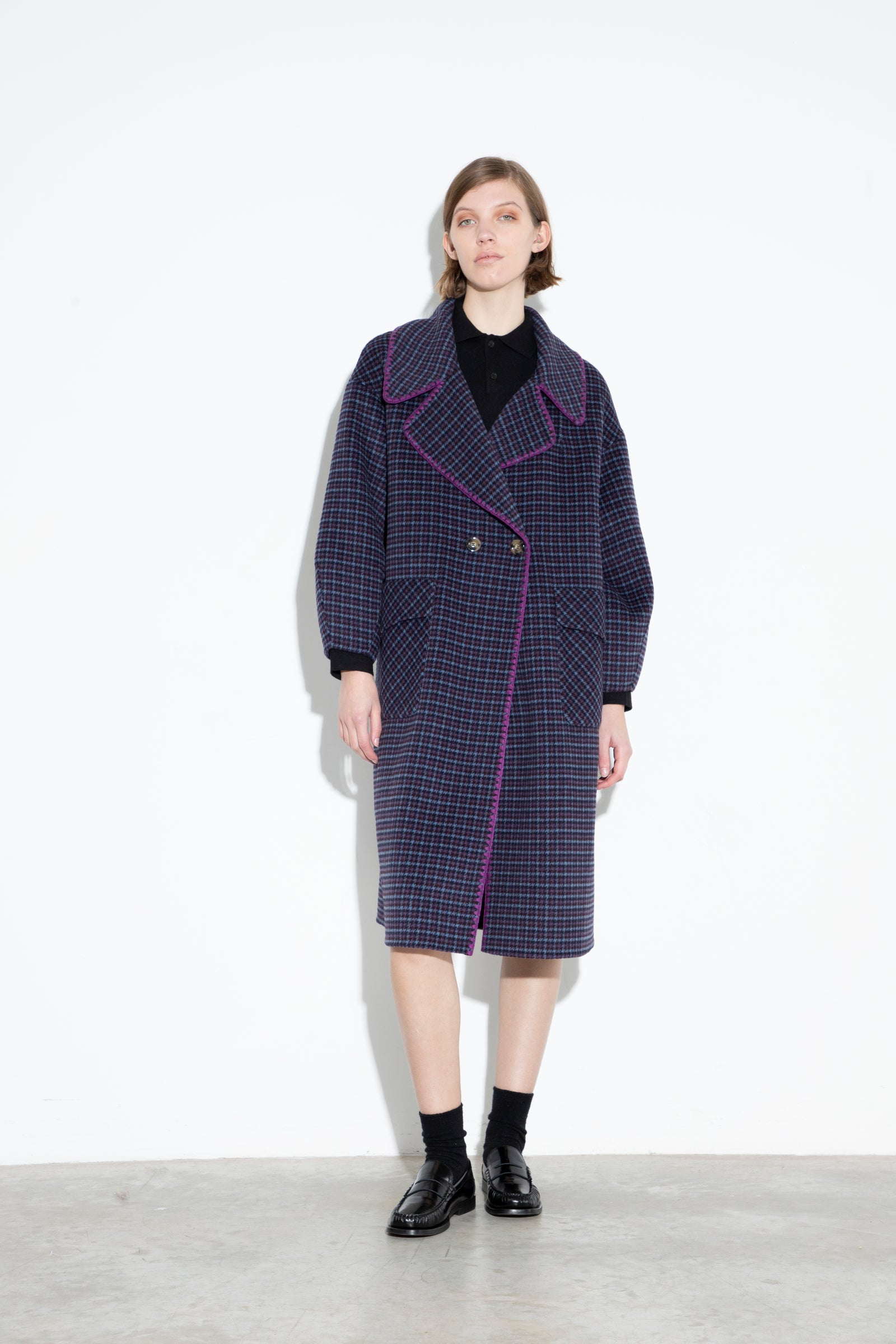 Wool Embroidery Coat Purple Tweed