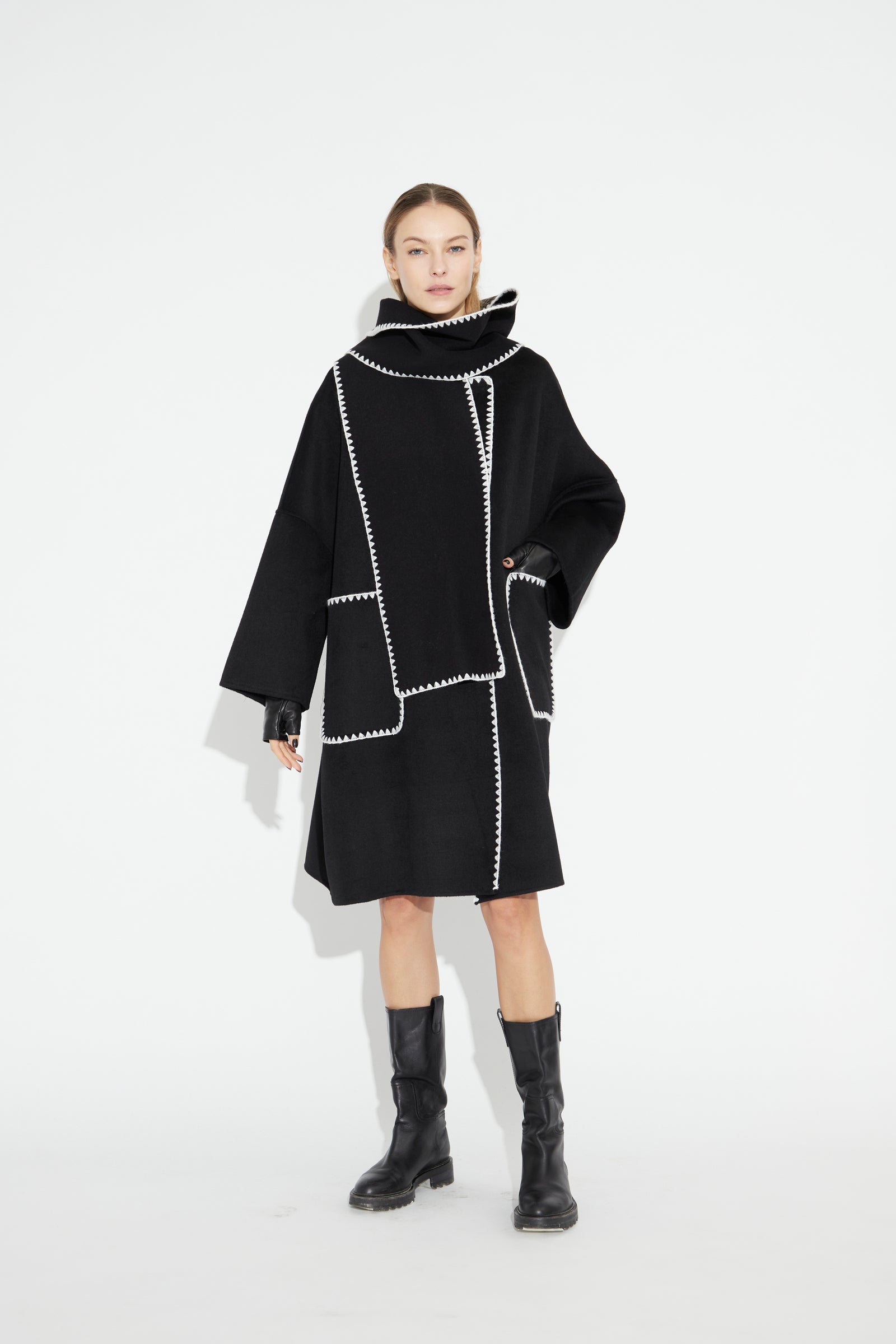 Embroidery Wool Scarf Coat Black