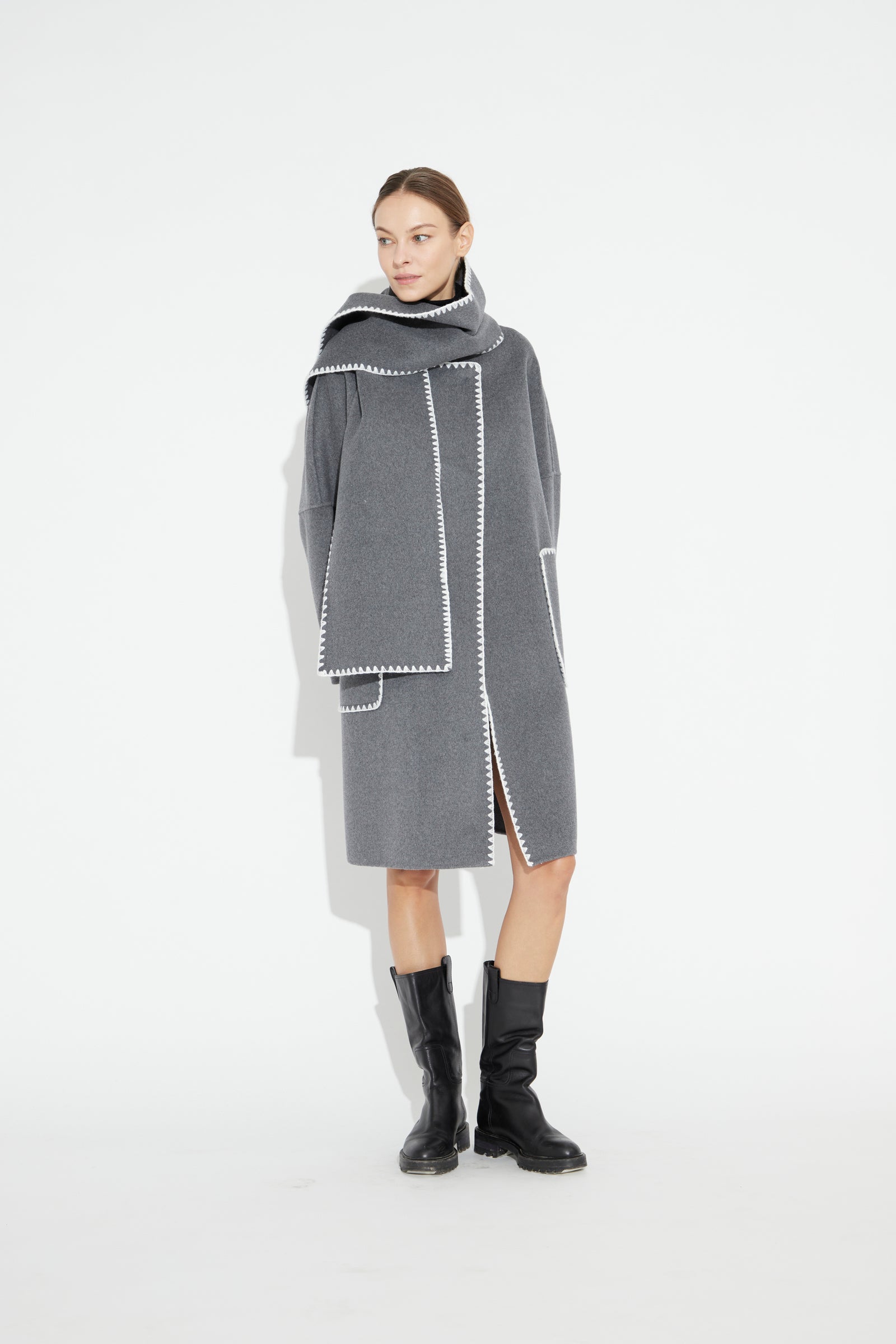 Embroidery Wool Scarf Coat Grey