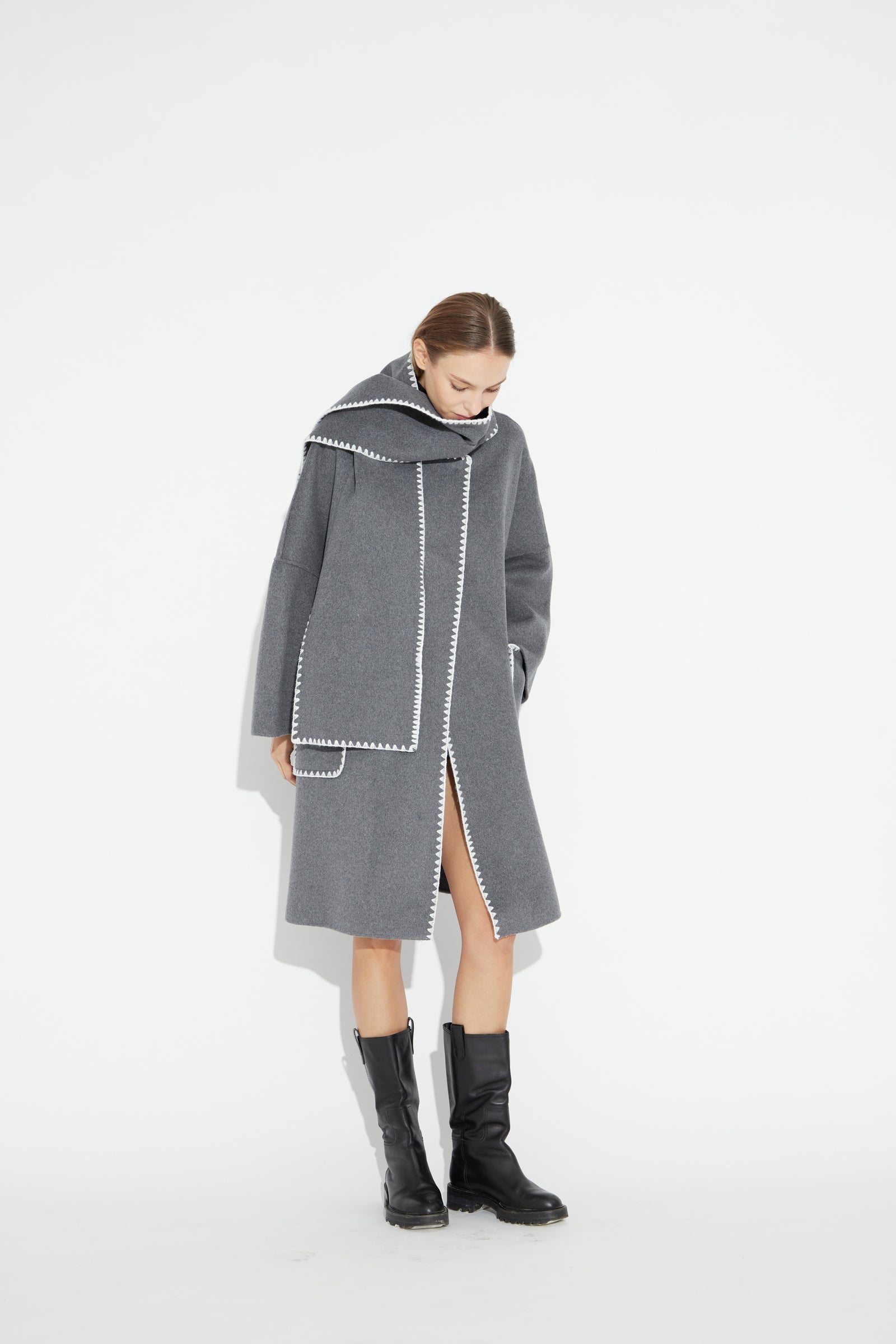 Embroidery Wool Scarf Coat Grey