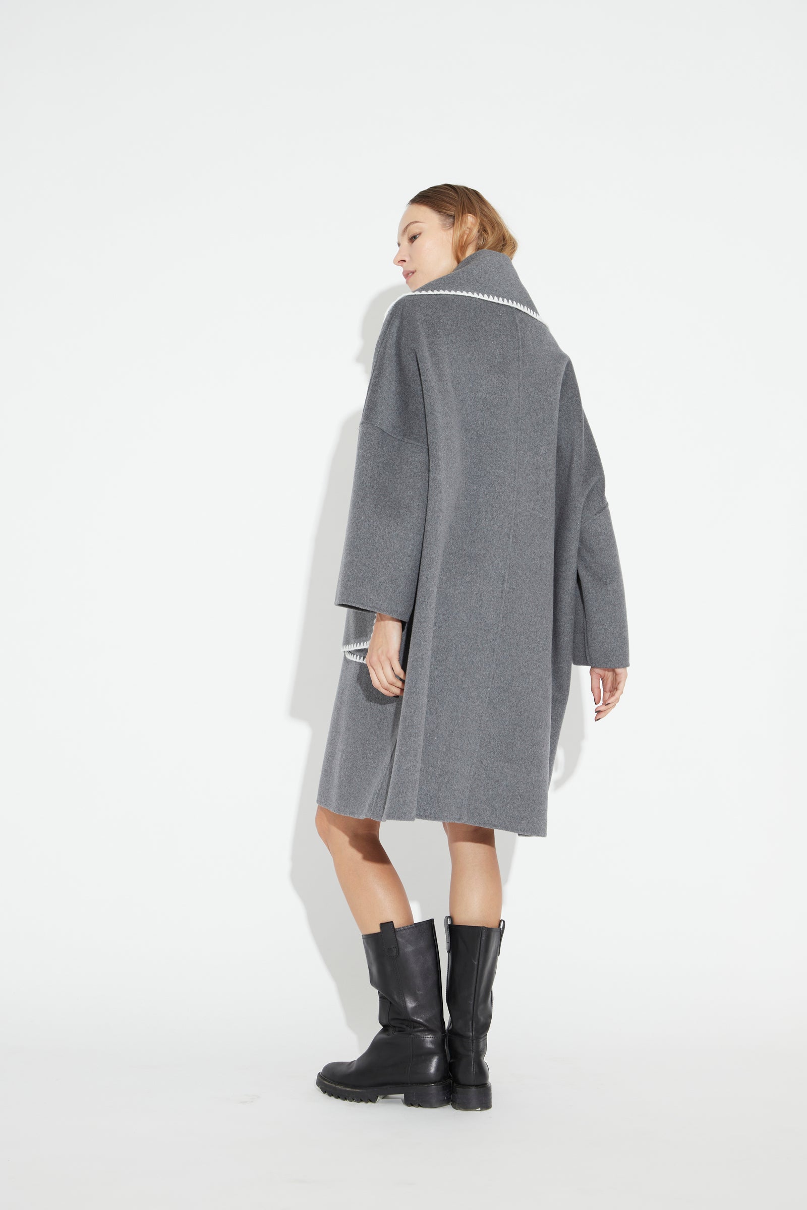 Embroidery Wool Scarf Coat Grey