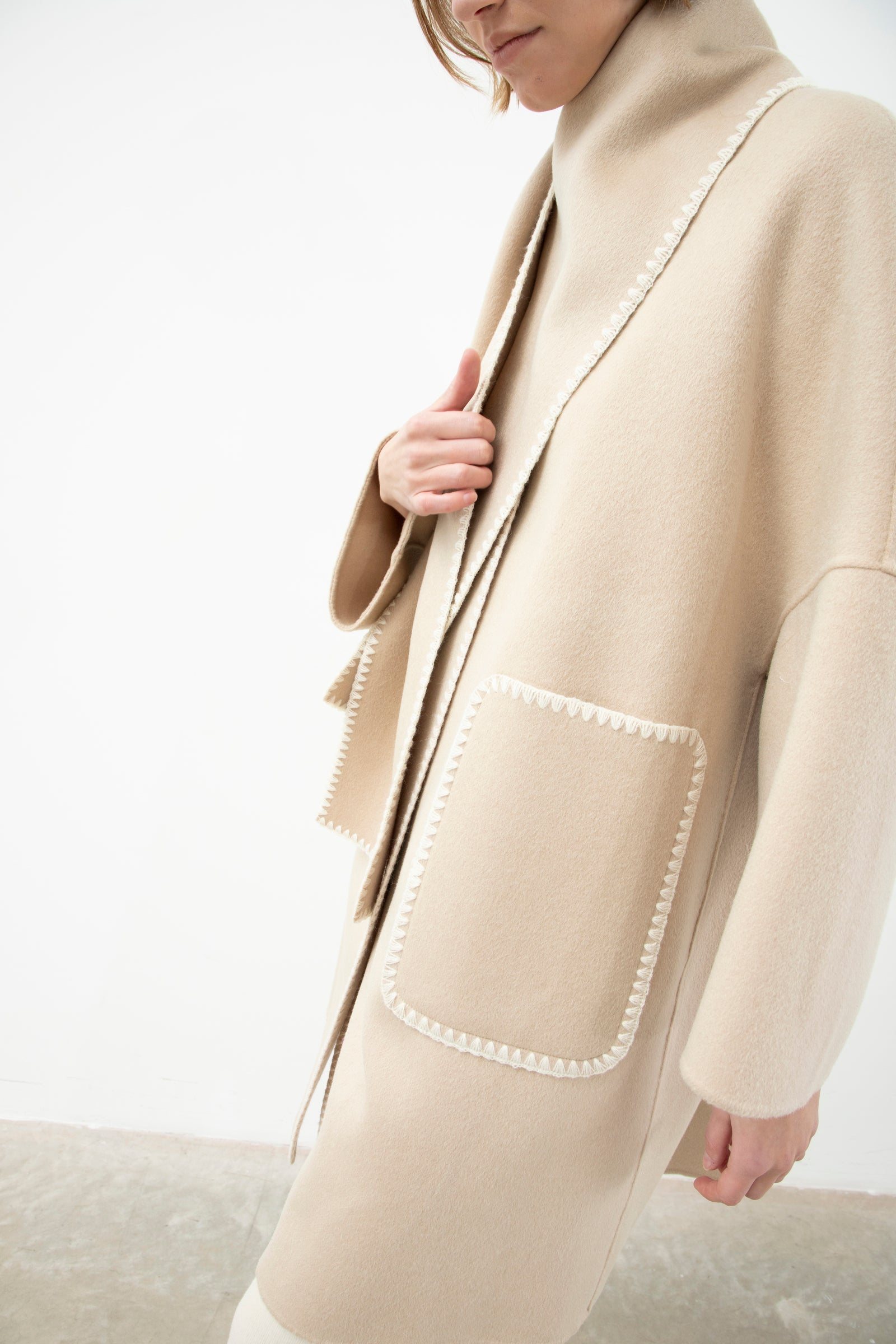 Embroidery Wool Scarf Coat Sand