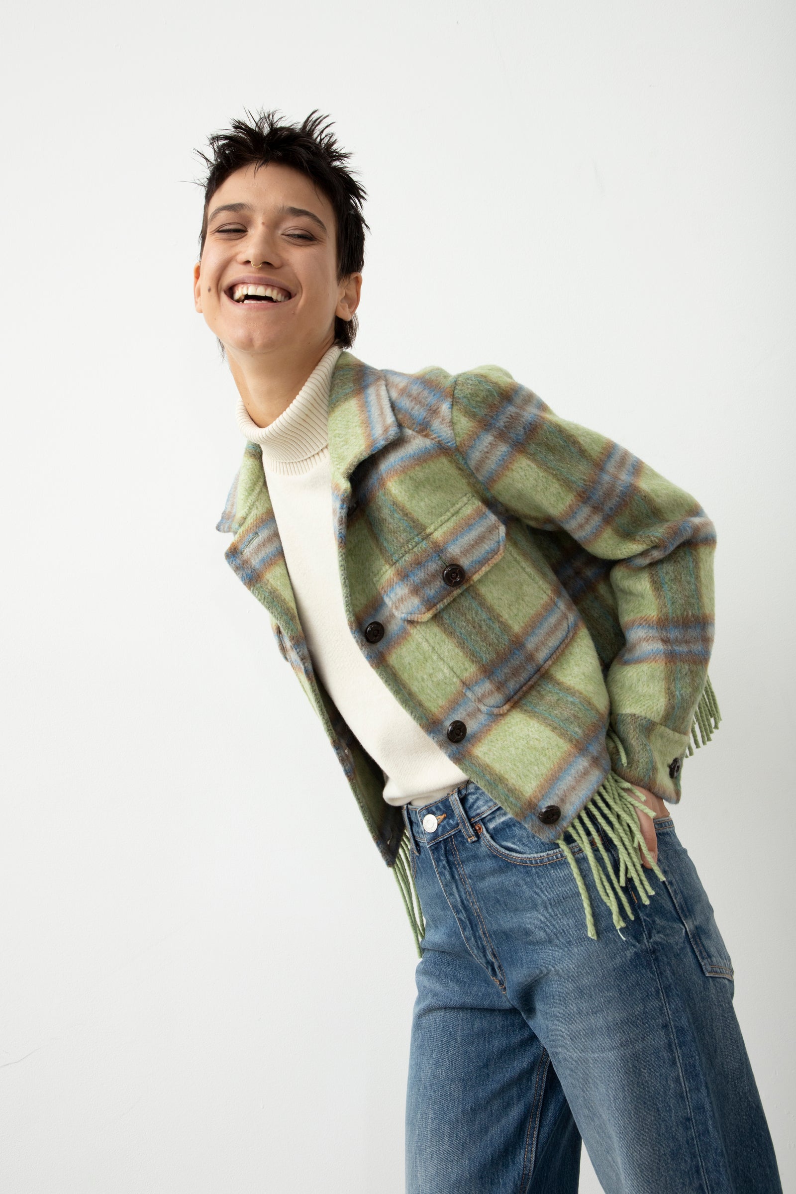 Cropped Wool Overshirt Check Green