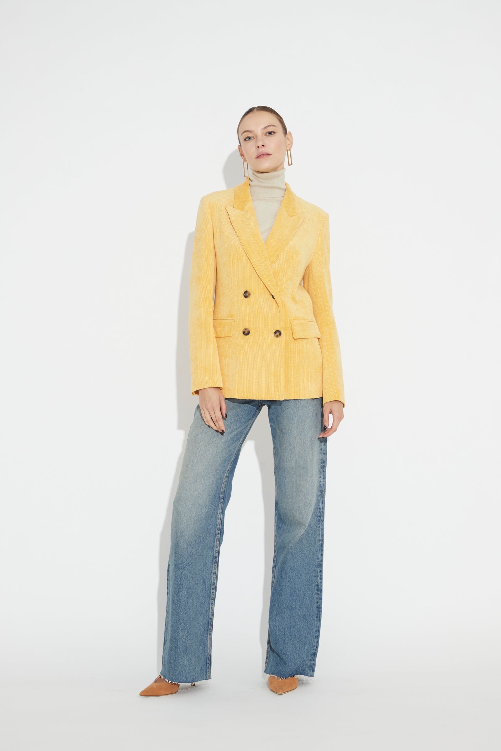 Double-Breasted Velvet Blazer Yellow