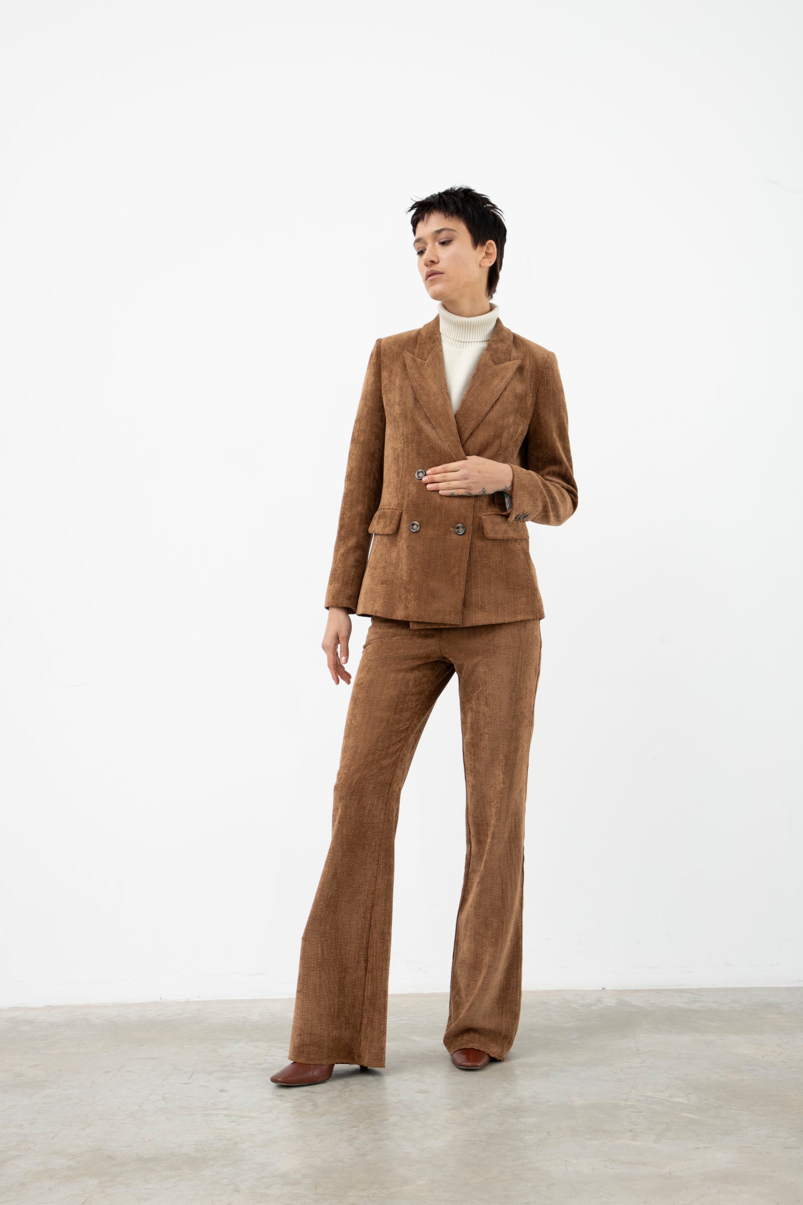 Double-Breasted Velvet Blazer Camel